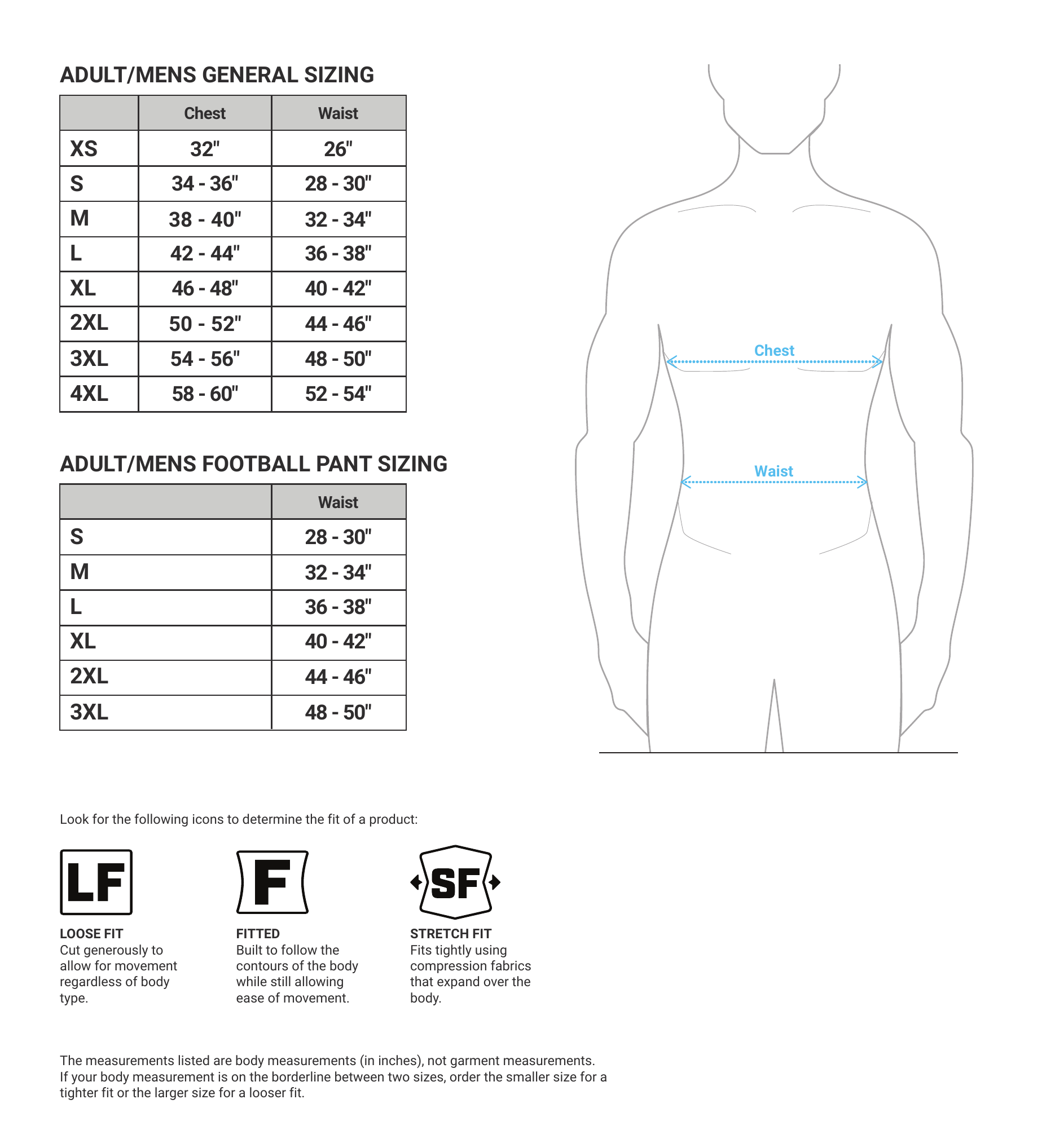 Adult Apparel size chart