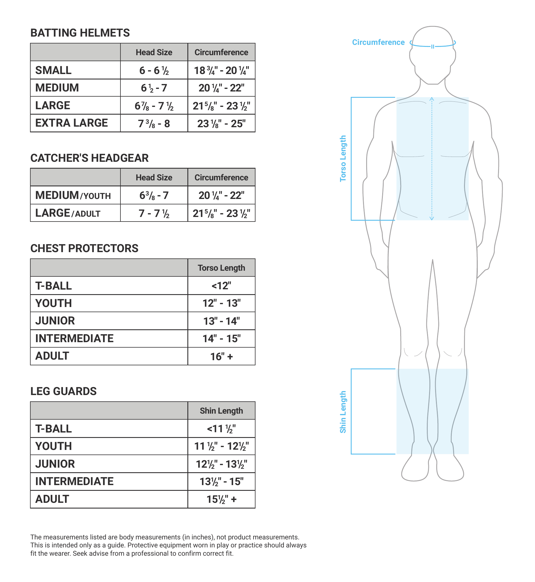 Baseball/Softball Equipment size chart