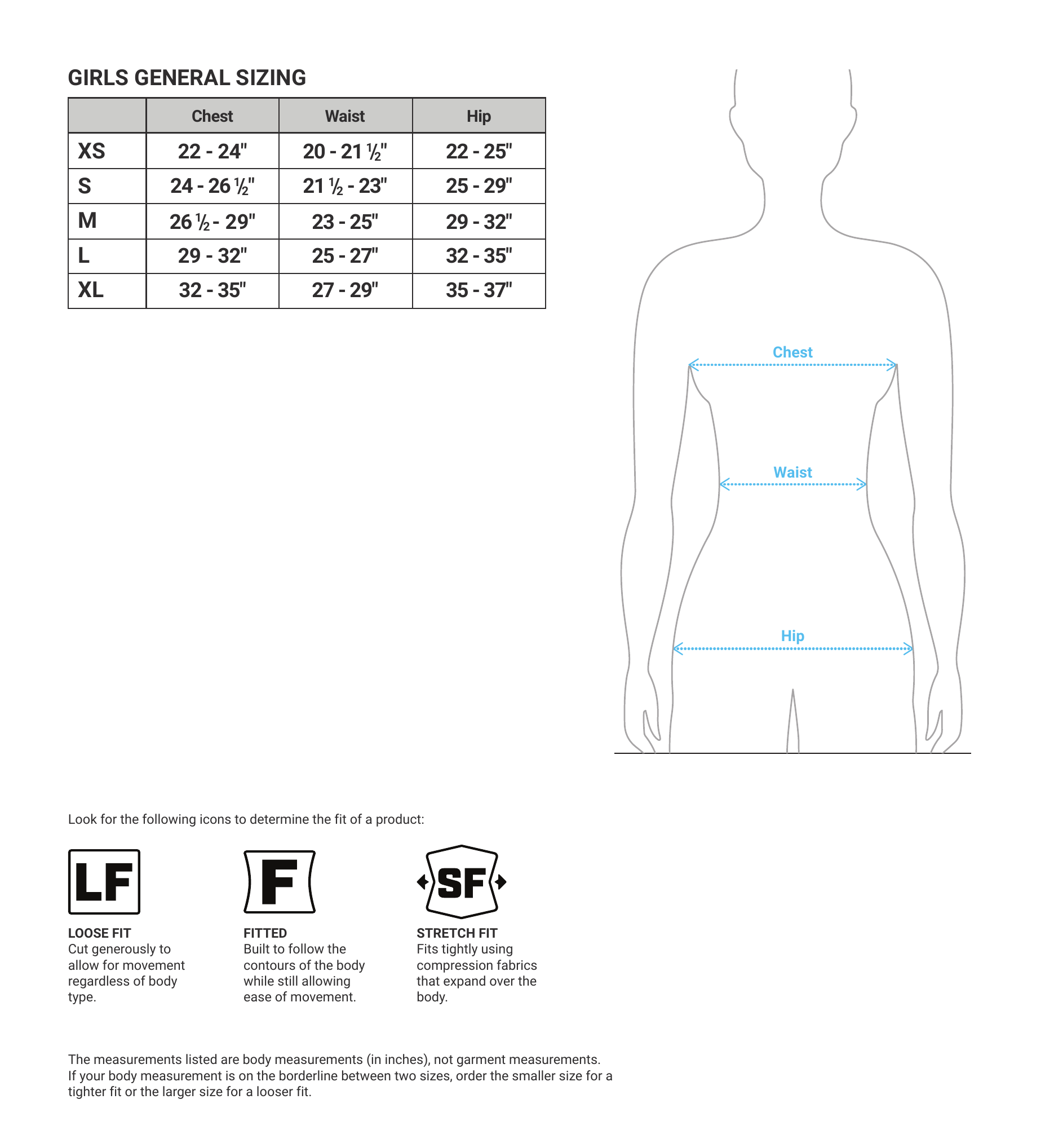 Girls Apparel size chart