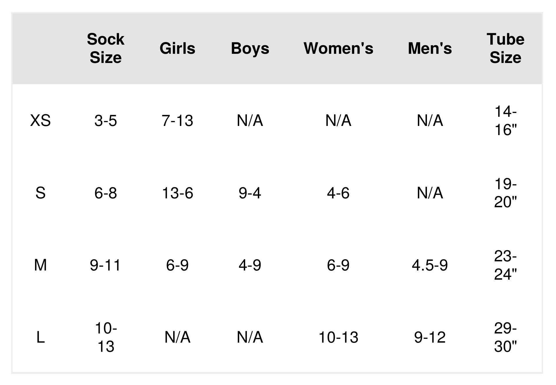 Socks size chart
