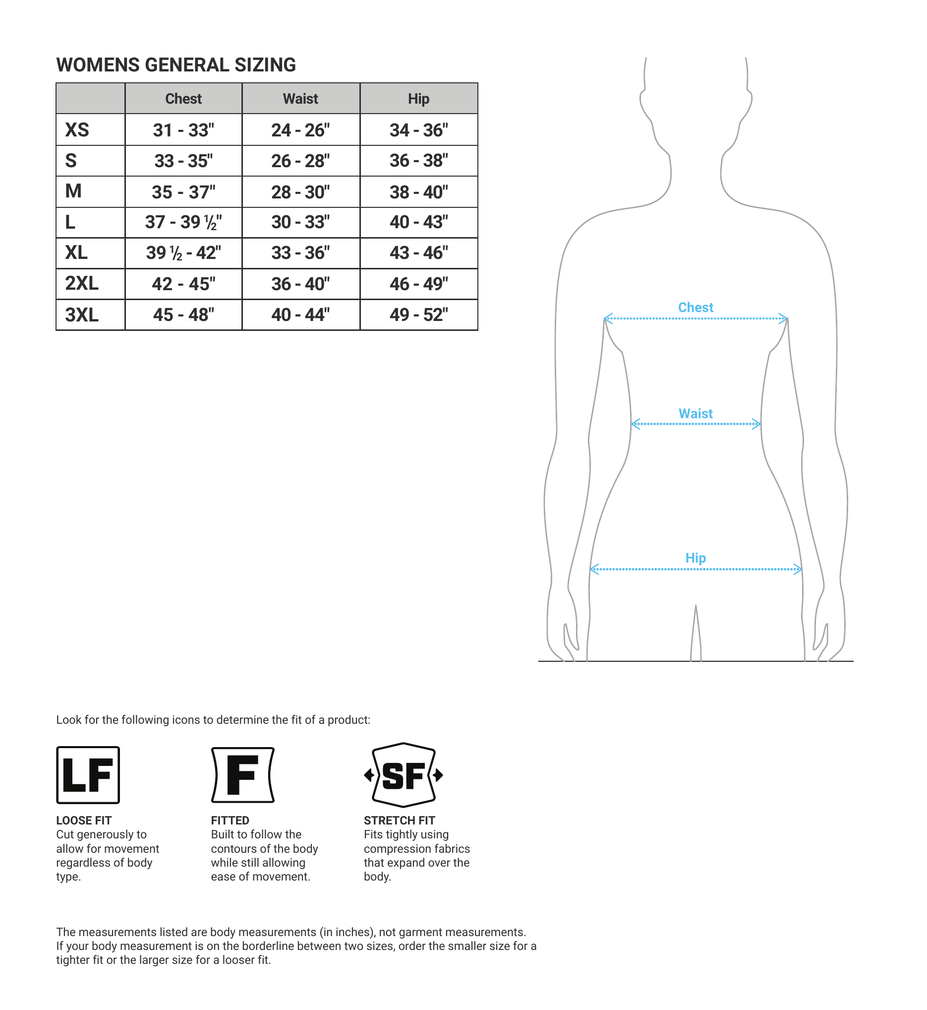 Womens Apparel size chart